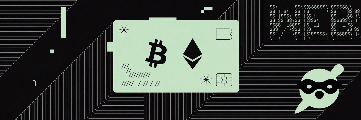 Crypto payment card with Bitcoin and Ethereum symbols, framed by line art and the Meerkat mascot